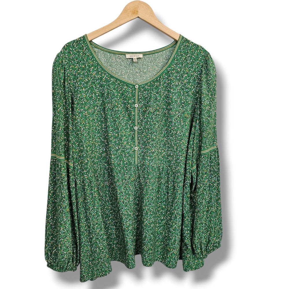 Max Studio Top 3X Womens Green Floral Henley Balloon Sleeve Lightweight Colorful